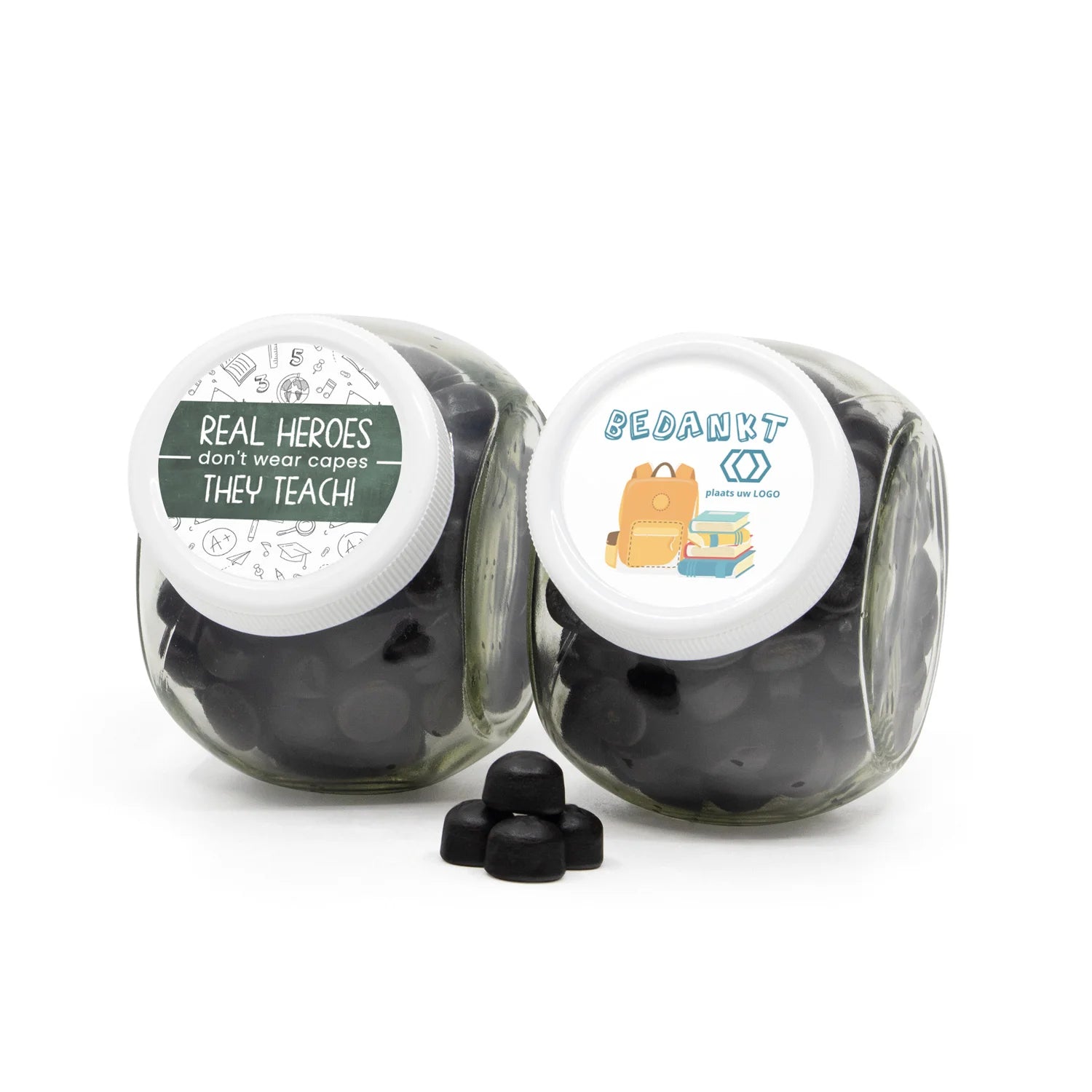 Glazen snoeppot 0,4L met sticker - Leraar - Bedankjes.nl