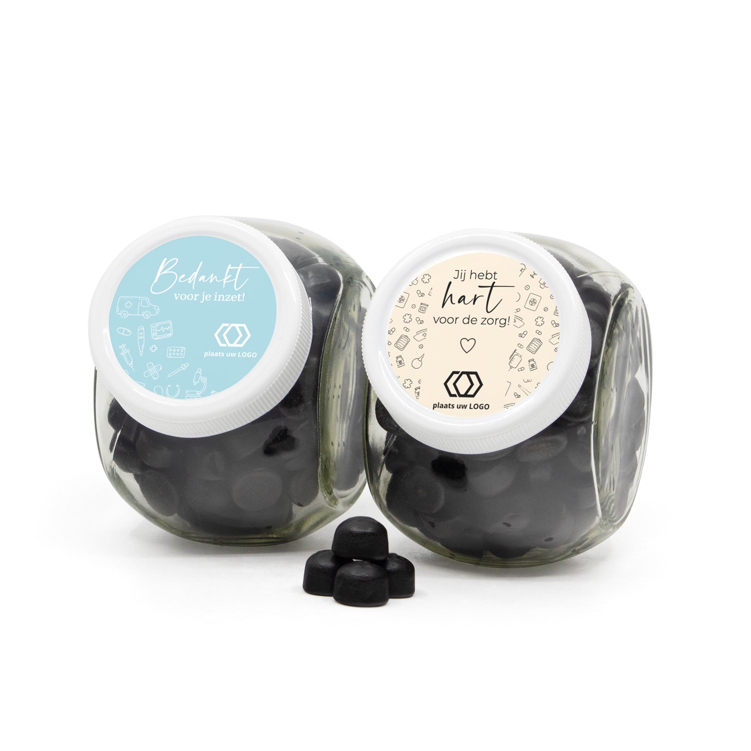 Glazen snoeppot 0,4L met eigen etiket - Verpleging - Bedankjes.nl