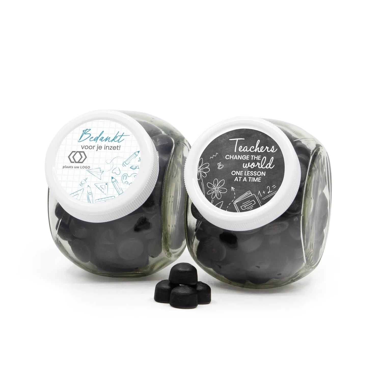 Glazen snoeppot 0,4L met sticker - Leraar - Bedankjes.nl