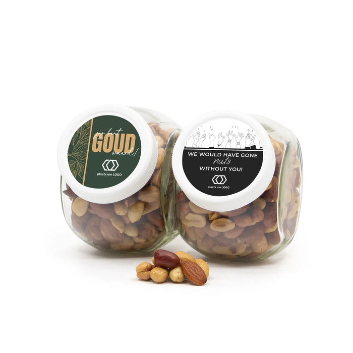 Glazen snoeppot 0,4L met verse notenmix - Zakelijk Glazen snoeppot 0,4L met verse notenmix - Zakelijk