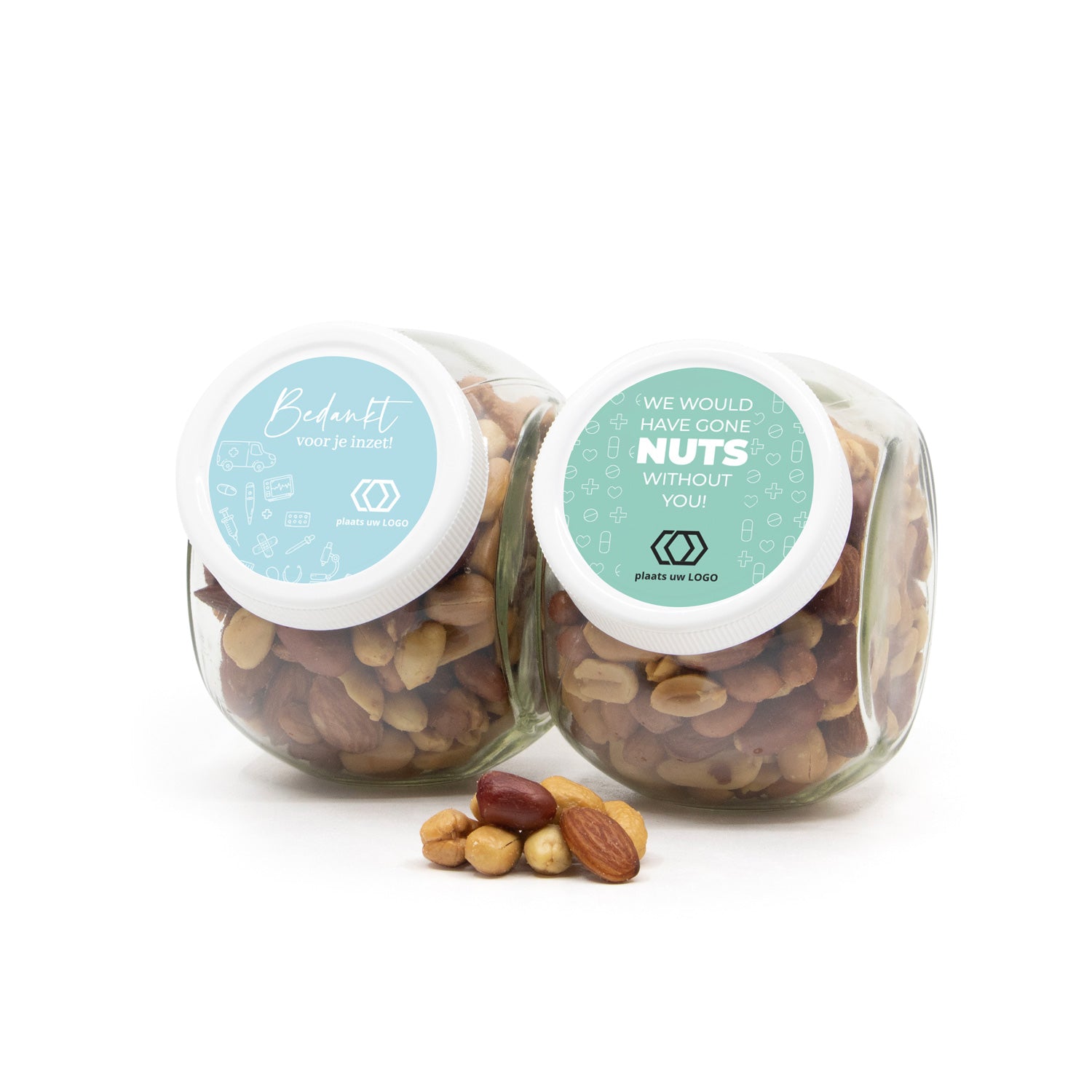 Glazen snoeppot 0,4L met verse notenmix - Verpleging - Bedankjes.nl