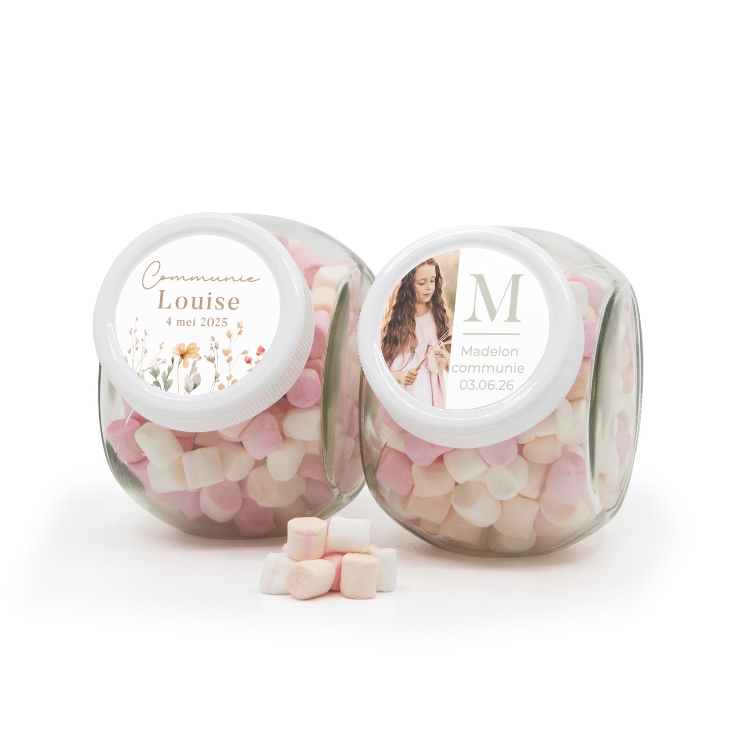 Glazen snoeppot 0,4L met eigen etiket - Communie meisjes - Bedankjes.nl