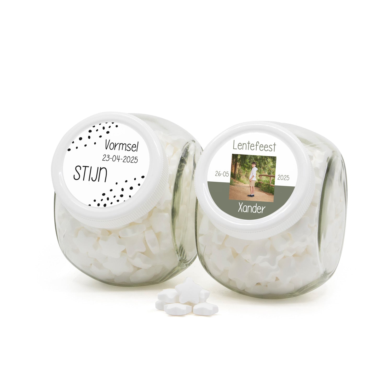 Glazen snoeppot met eigen etiket - Communie jongens - Bedankjes.nl