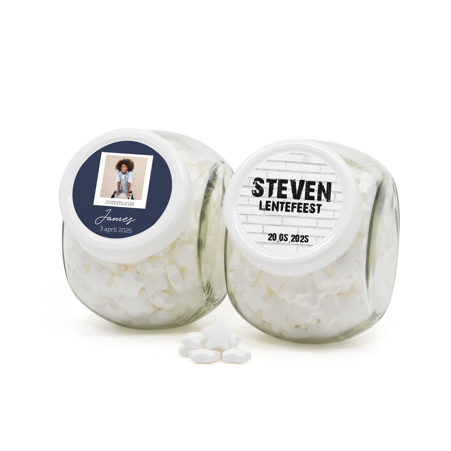 Glazen snoeppot met eigen etiket - Communie jongens - Bedankjes.nl