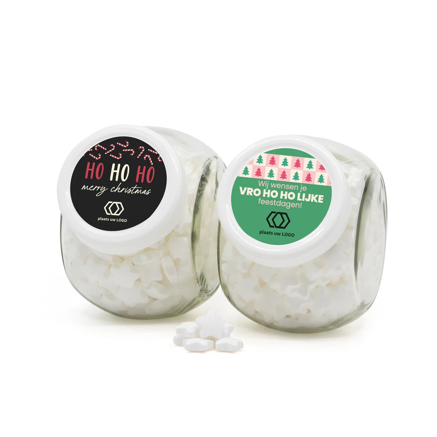 Glazen snoeppot 0,4L met eigen etiket - Kerst - Bedankjes.nl