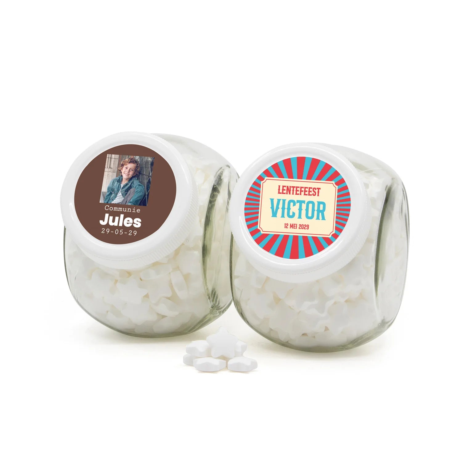 Glazen snoeppot 0,4L met eigen etiket - Communie jongens
