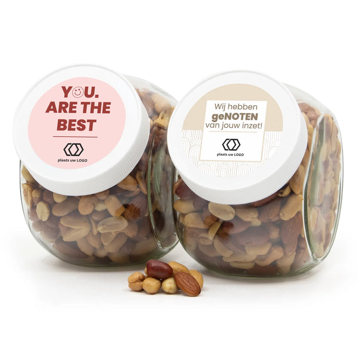 Glazen snoeppot 0,9L met verse notenmix - Zakelijk Glazen snoeppot 0,9L met verse notenmix - Zakelijk