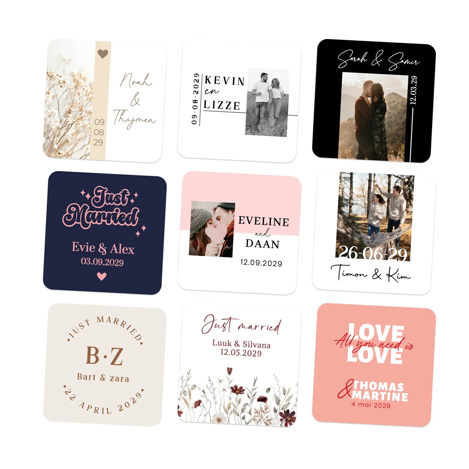 Persoonlijke vierkante stickers 15 stuks (5 x 5cm) - Trouwen - Bedankjes.nl