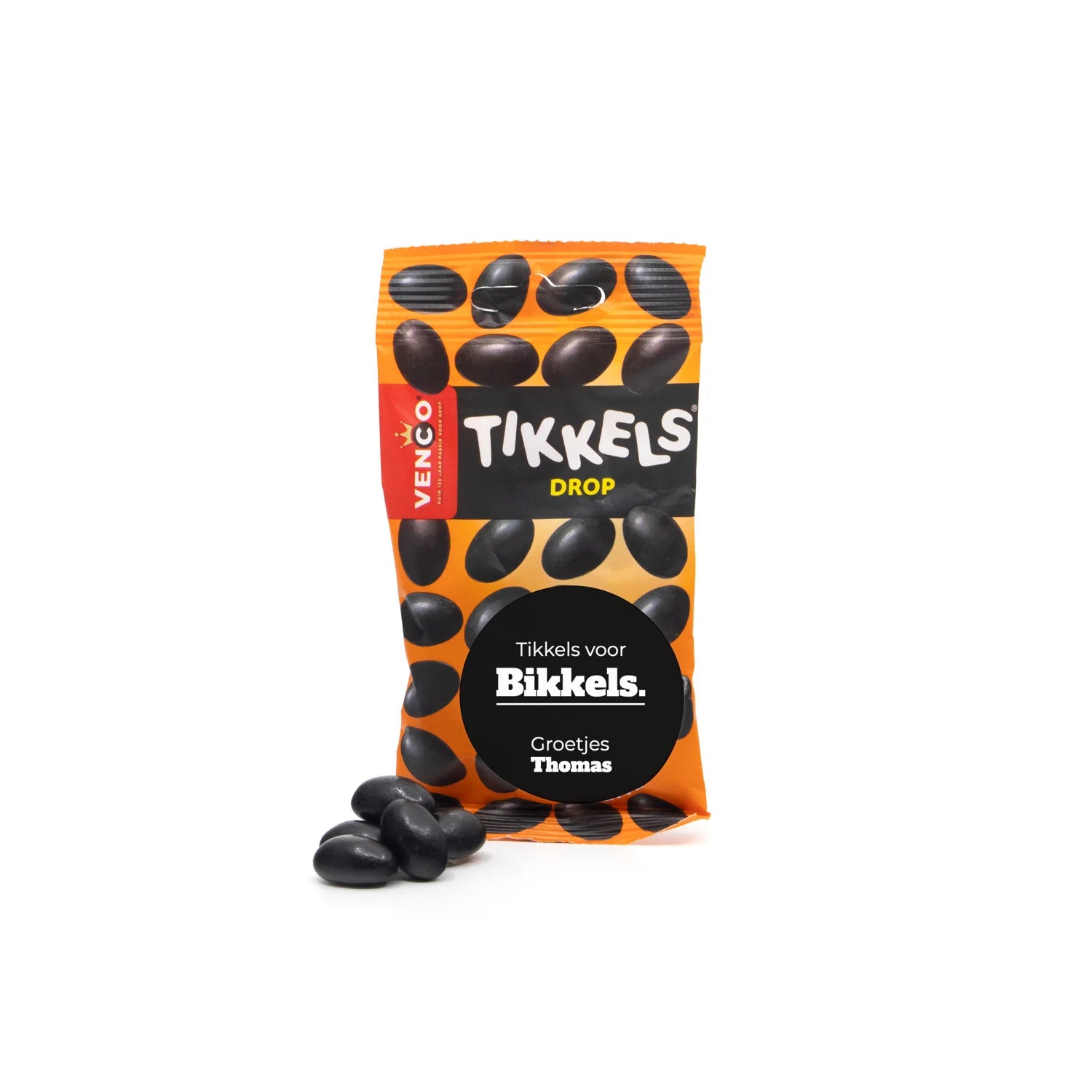 Tikkels voor bikkels met eigen etiket - Afscheid collega - Bedankjes.nl