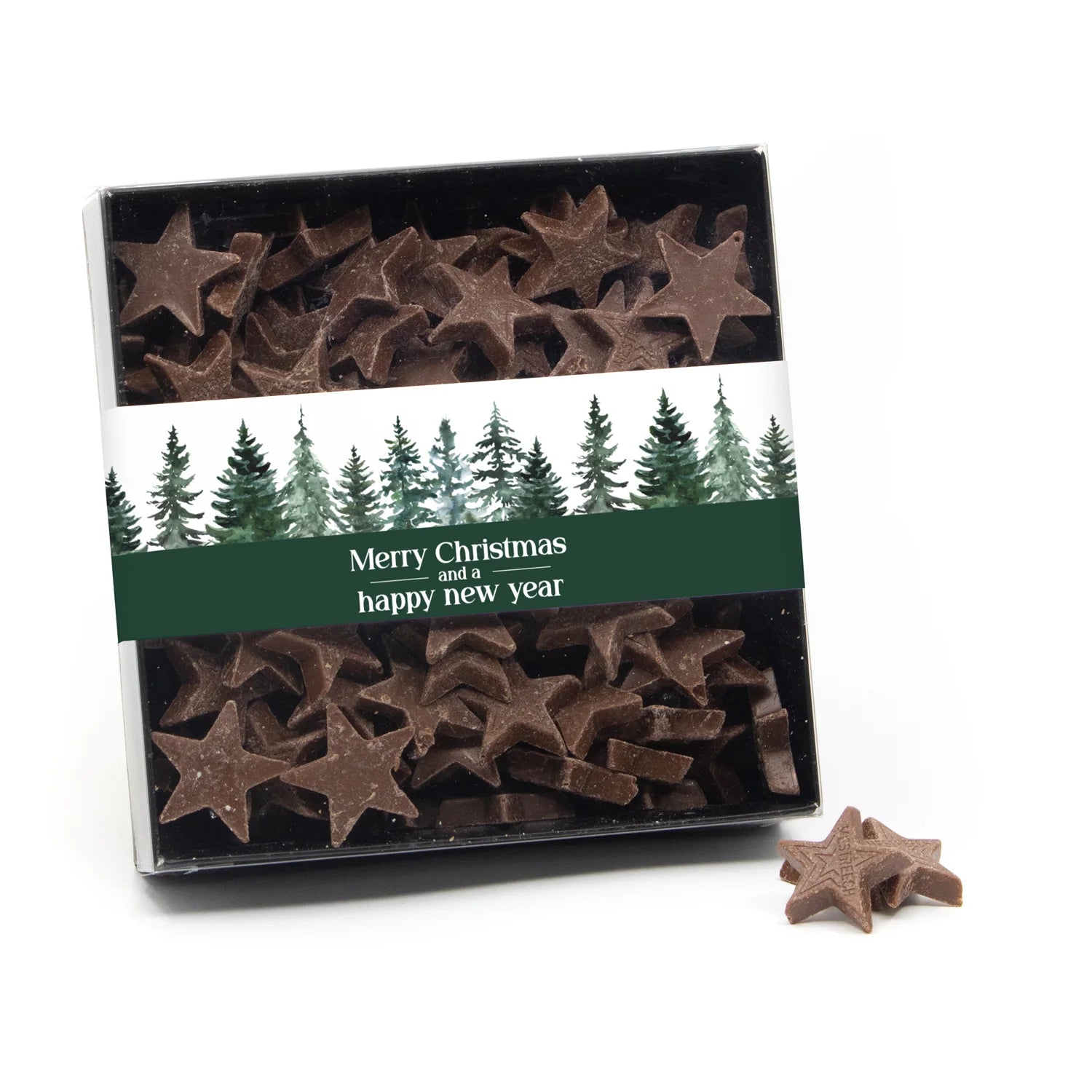 Vensterdoos zwart met chocolade sterren - Kerst