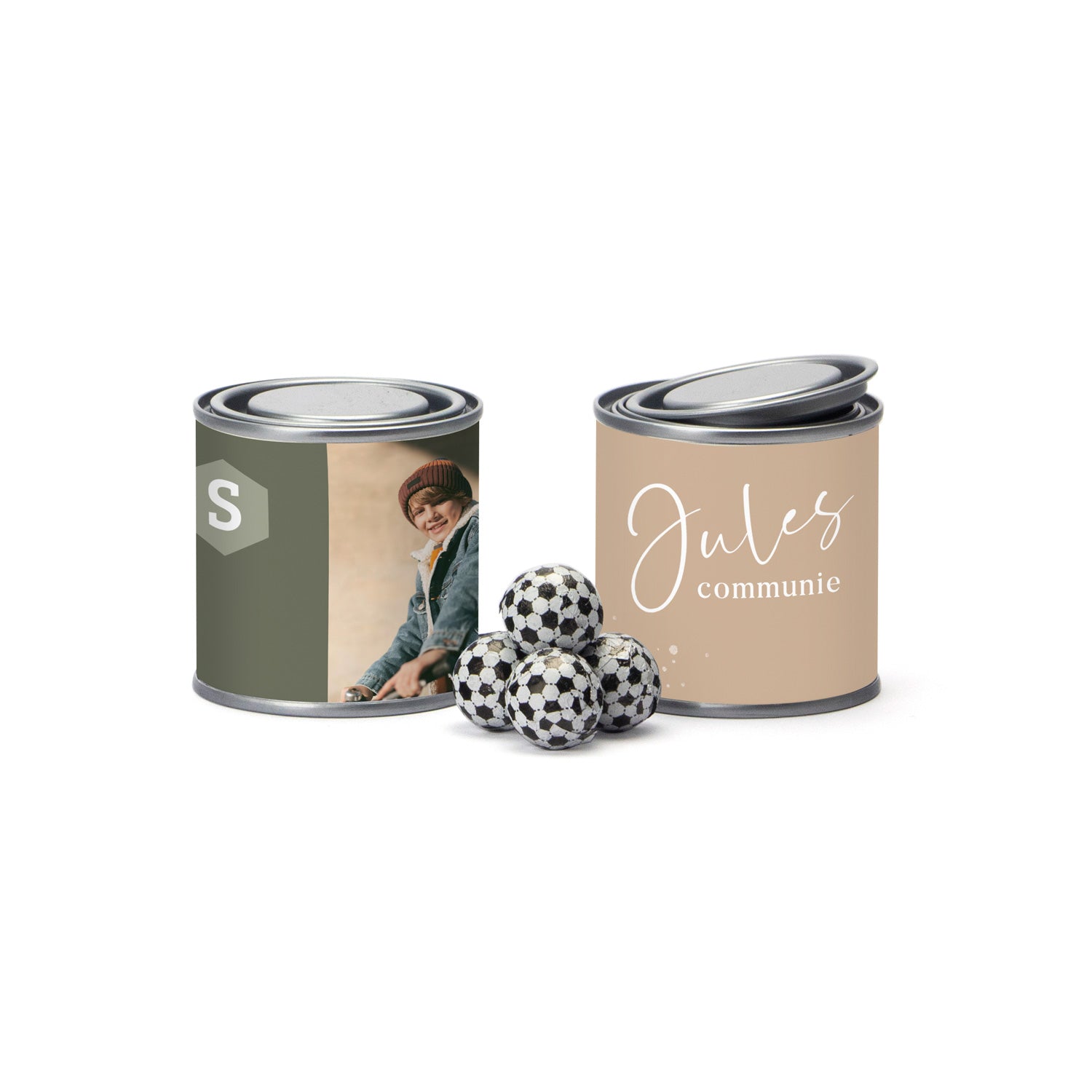 Verfblikje met chocolade - Communie jongens - Bedankjes.nl
