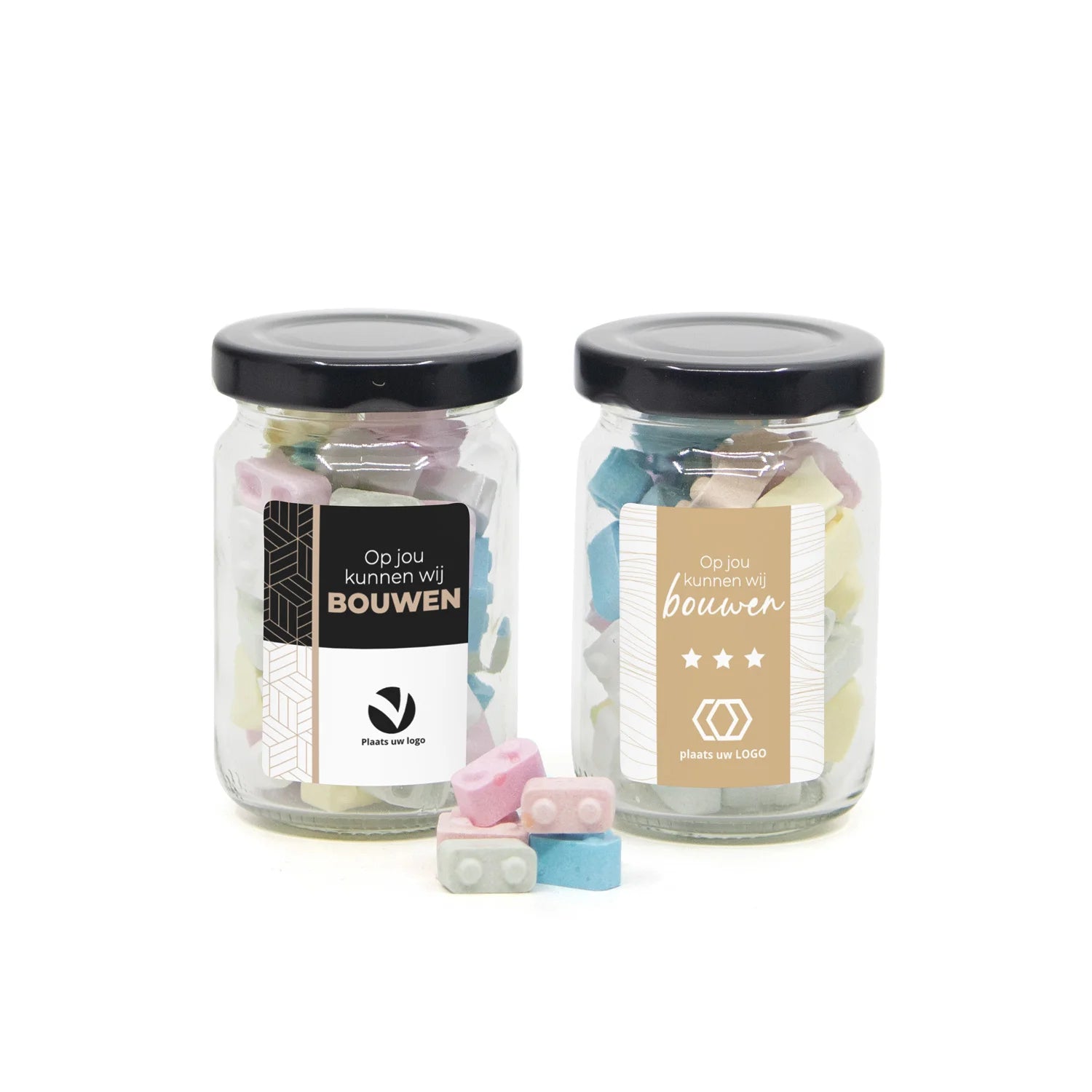 Glazen potje met bouwsteentjes eigen etiket - Zakelijk - Bedankjes.nl