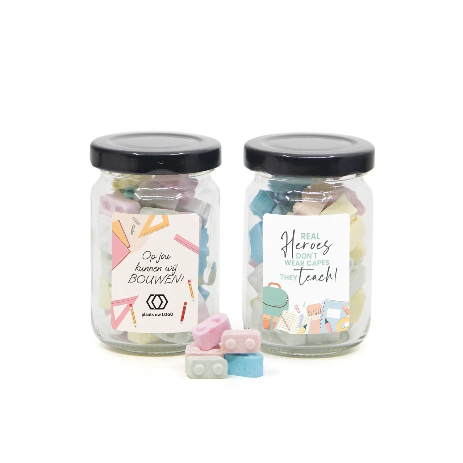 Glazen potje met bouwsteentjes eigen etiket - Leraar - Bedankjes.nl