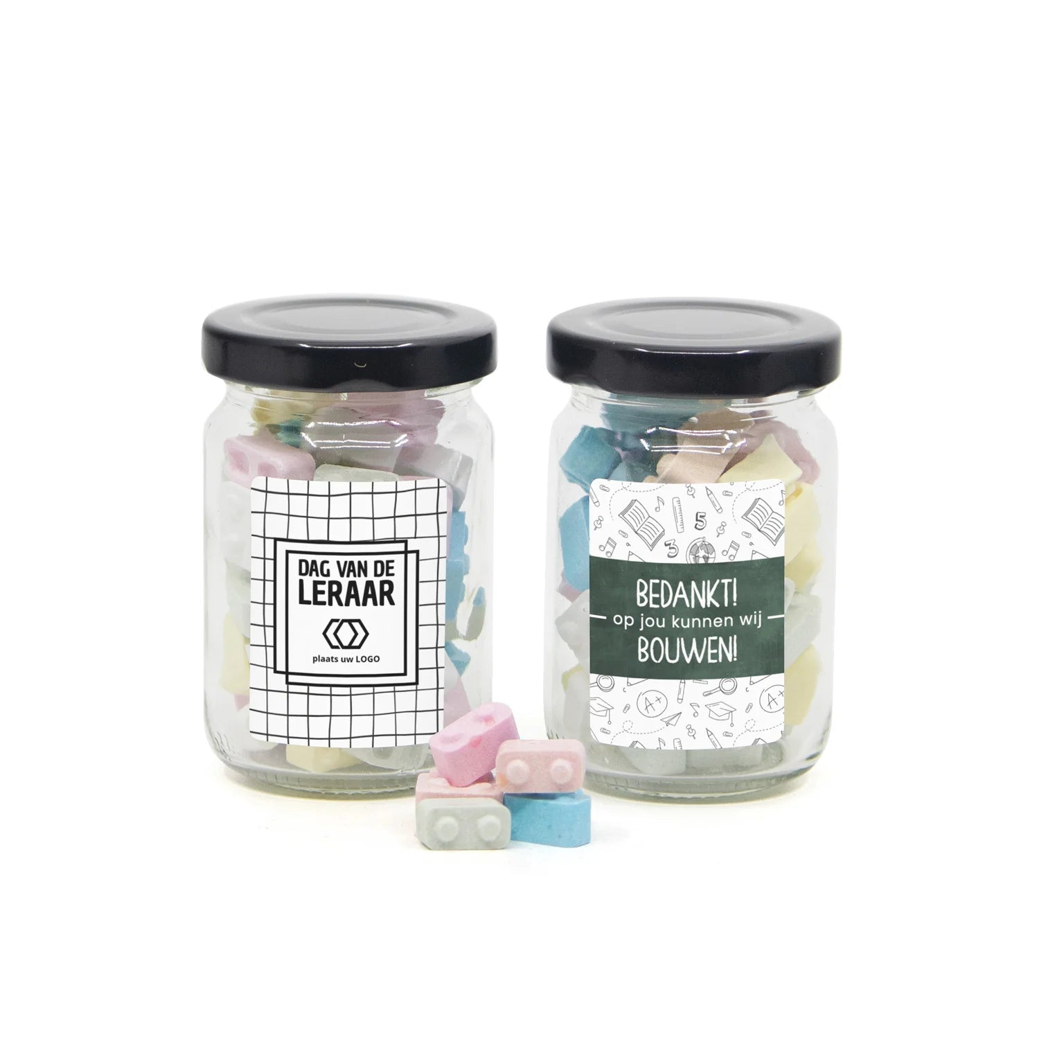 Glazen potje met bouwsteentjes eigen etiket - Leraar - Bedankjes.nl