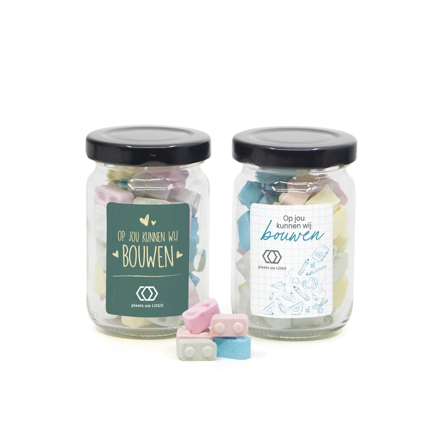 Glazen potje met bouwsteentjes eigen etiket - Leraar - Bedankjes.nl