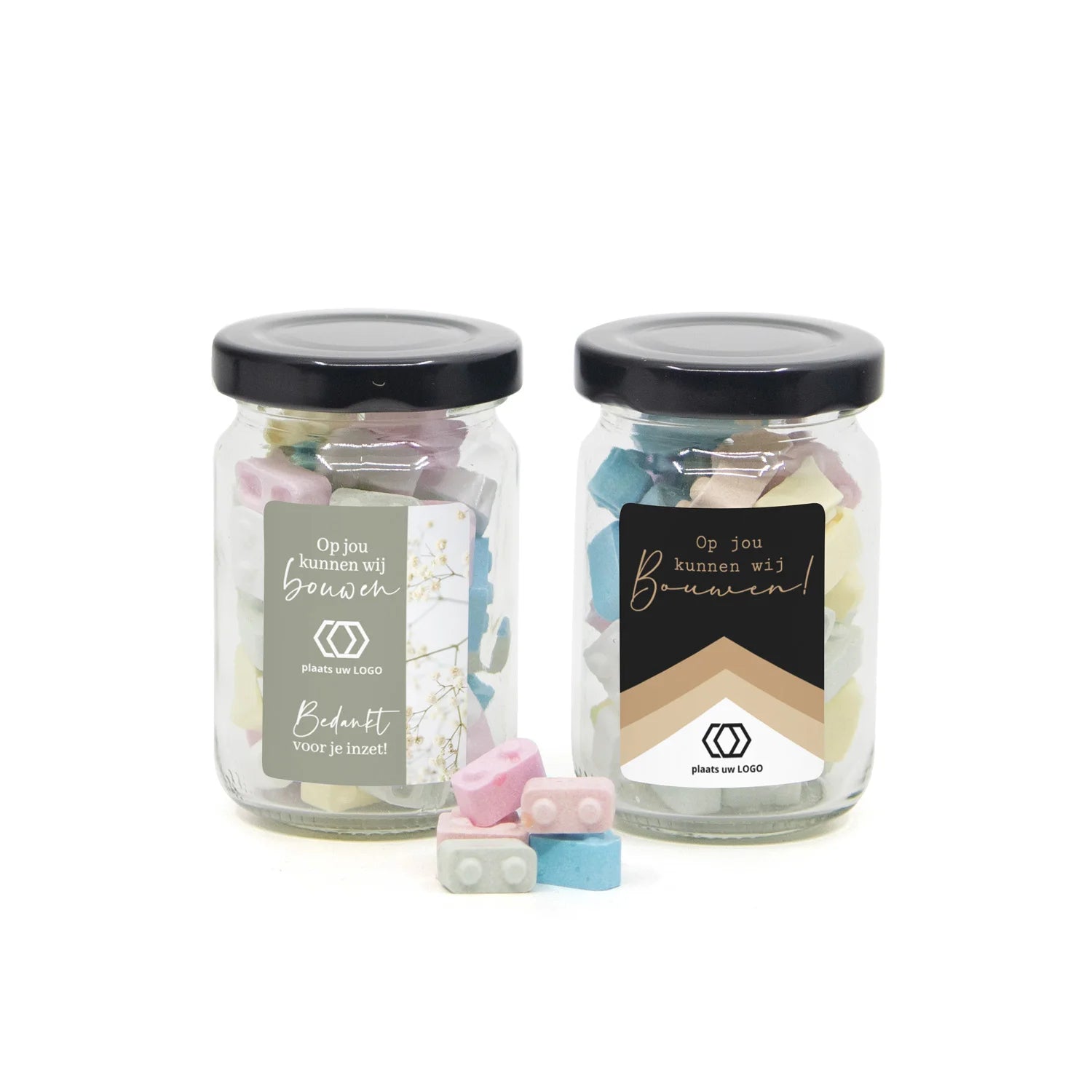 Glazen potje met bouwsteentjes eigen etiket - Zakelijk - Bedankjes.nl