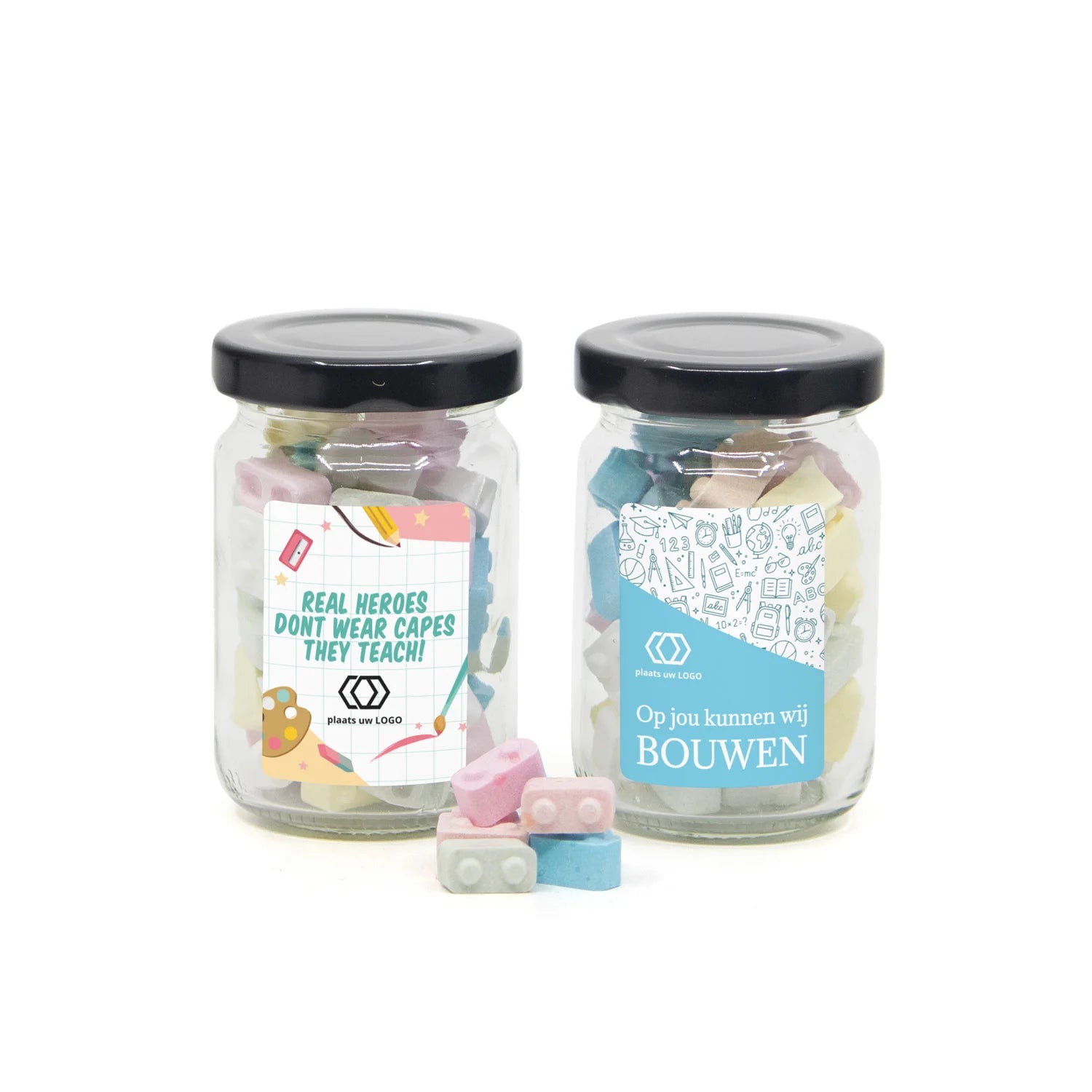Glazen potje met bouwsteentjes eigen etiket - Leraar - Bedankjes.nl