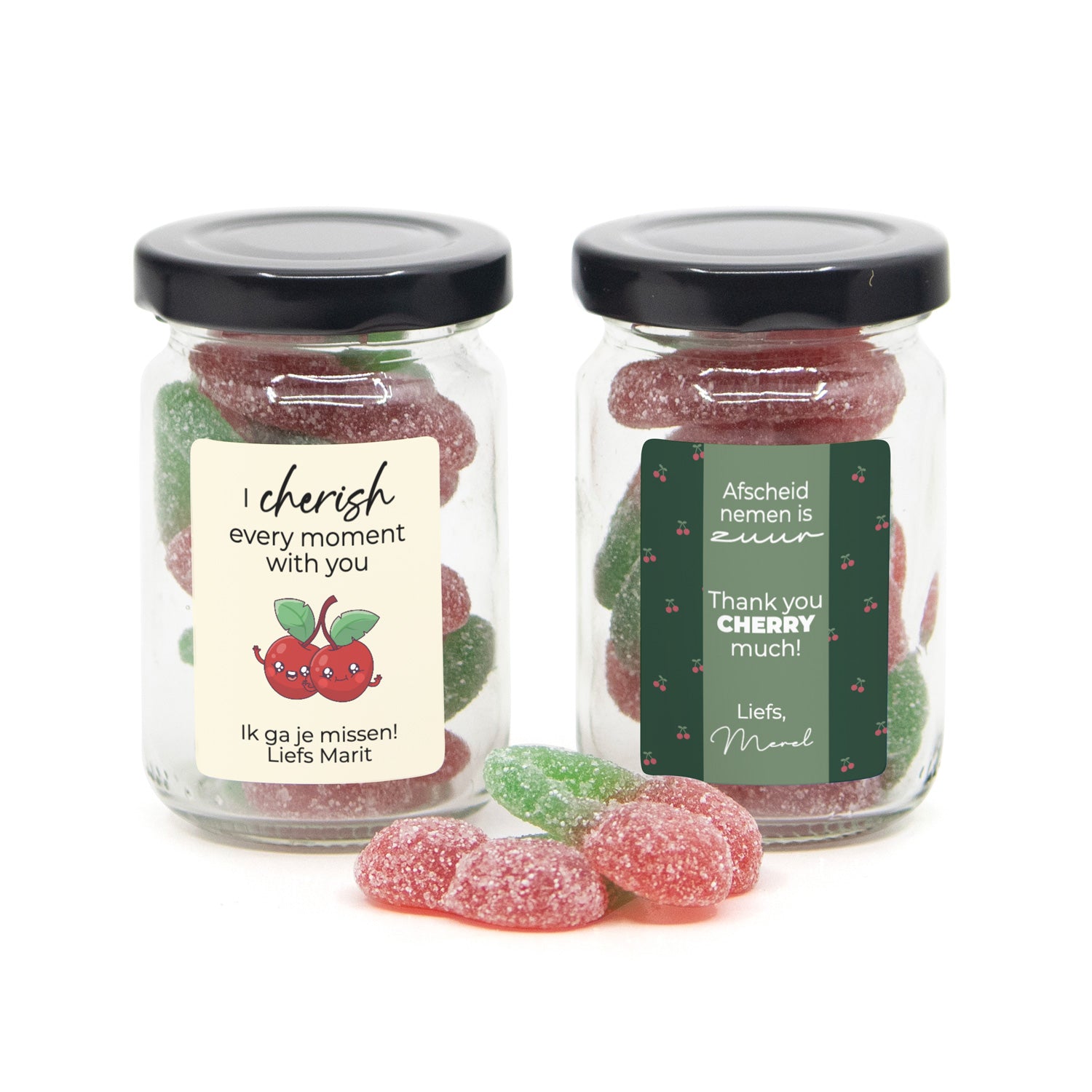 Glazen potje met kersjes eigen etiket - Afscheid Collega - Bedankjes.nl