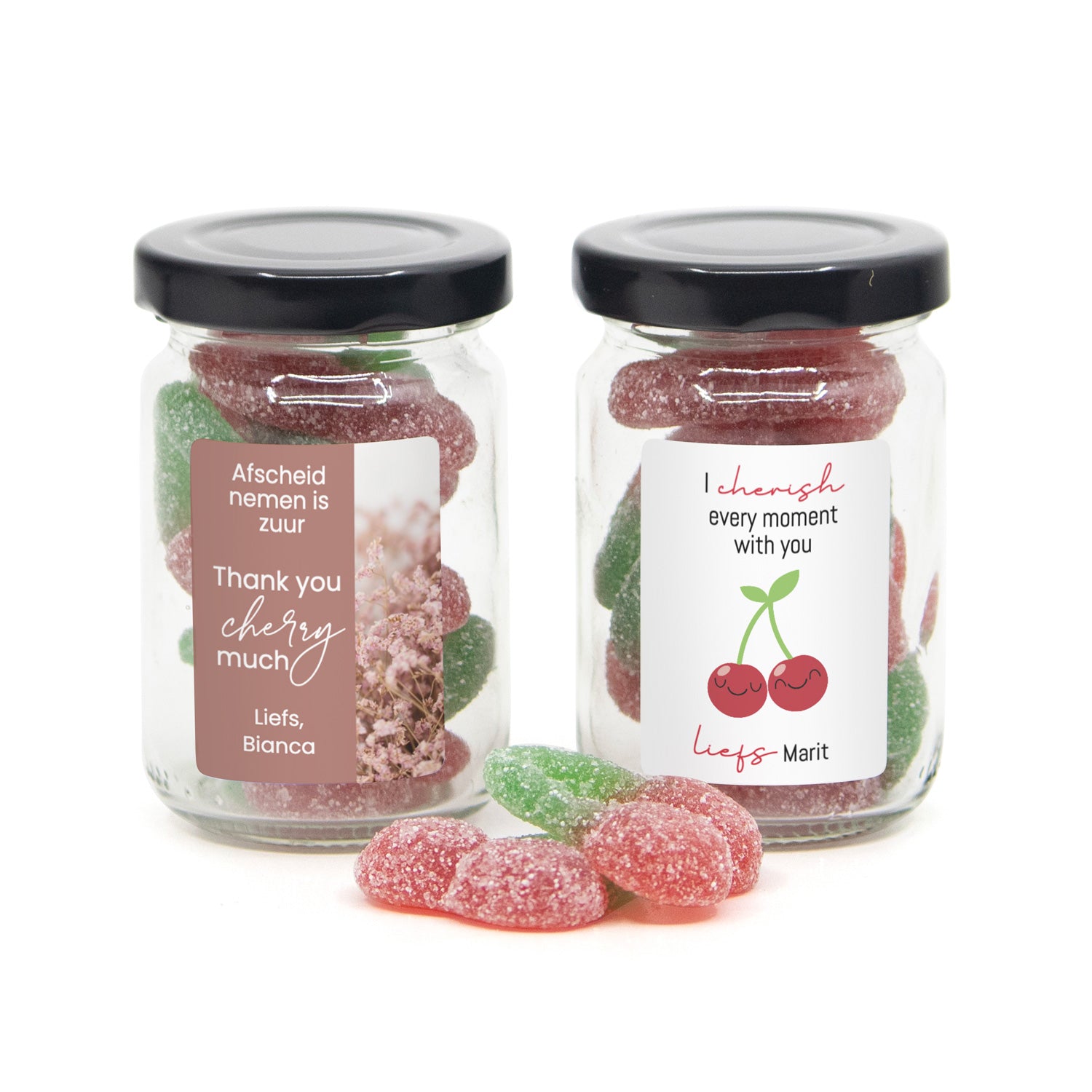 Glazen potje met kersjes eigen etiket - Afscheid Collega - Bedankjes.nl