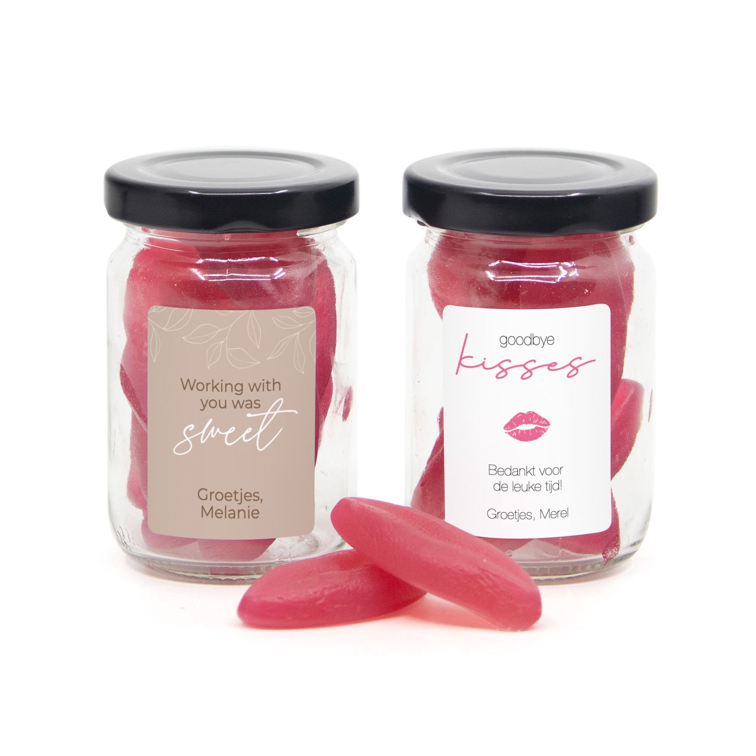 Glazen potje met goodbye kisses - Afscheid Collega - Bedankjes.nl