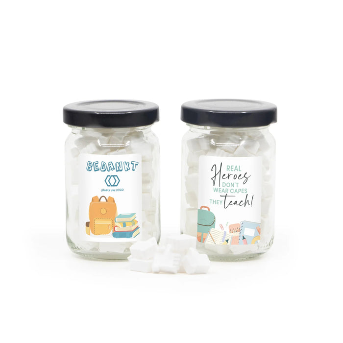 Glazen potje met eigen etiket - Dag van de Leraar Glazen potje met eigen etiket - Dag van de Leraar