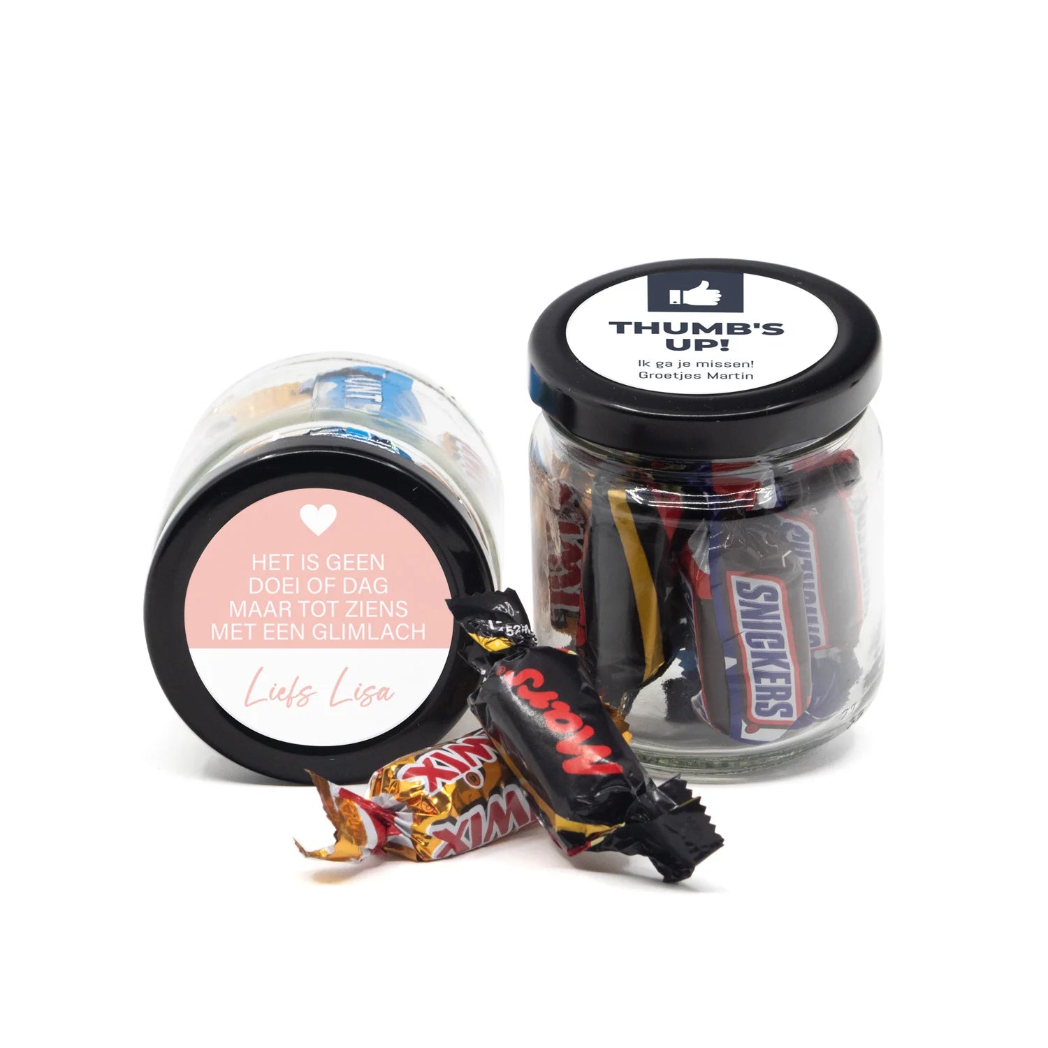 Glazen snoeppotje met eigen etiket - Afscheid collega - Bedankjes.nl