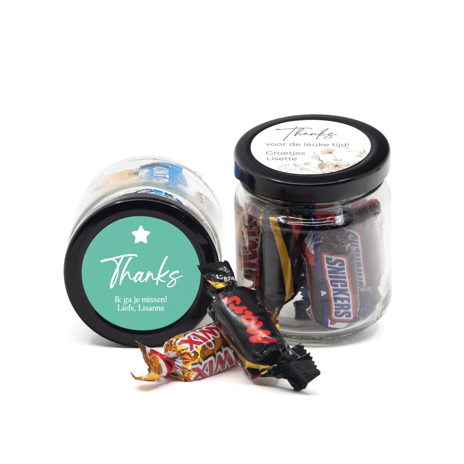 Glazen snoeppotje met eigen etiket - Afscheid collega - Bedankjes.nl