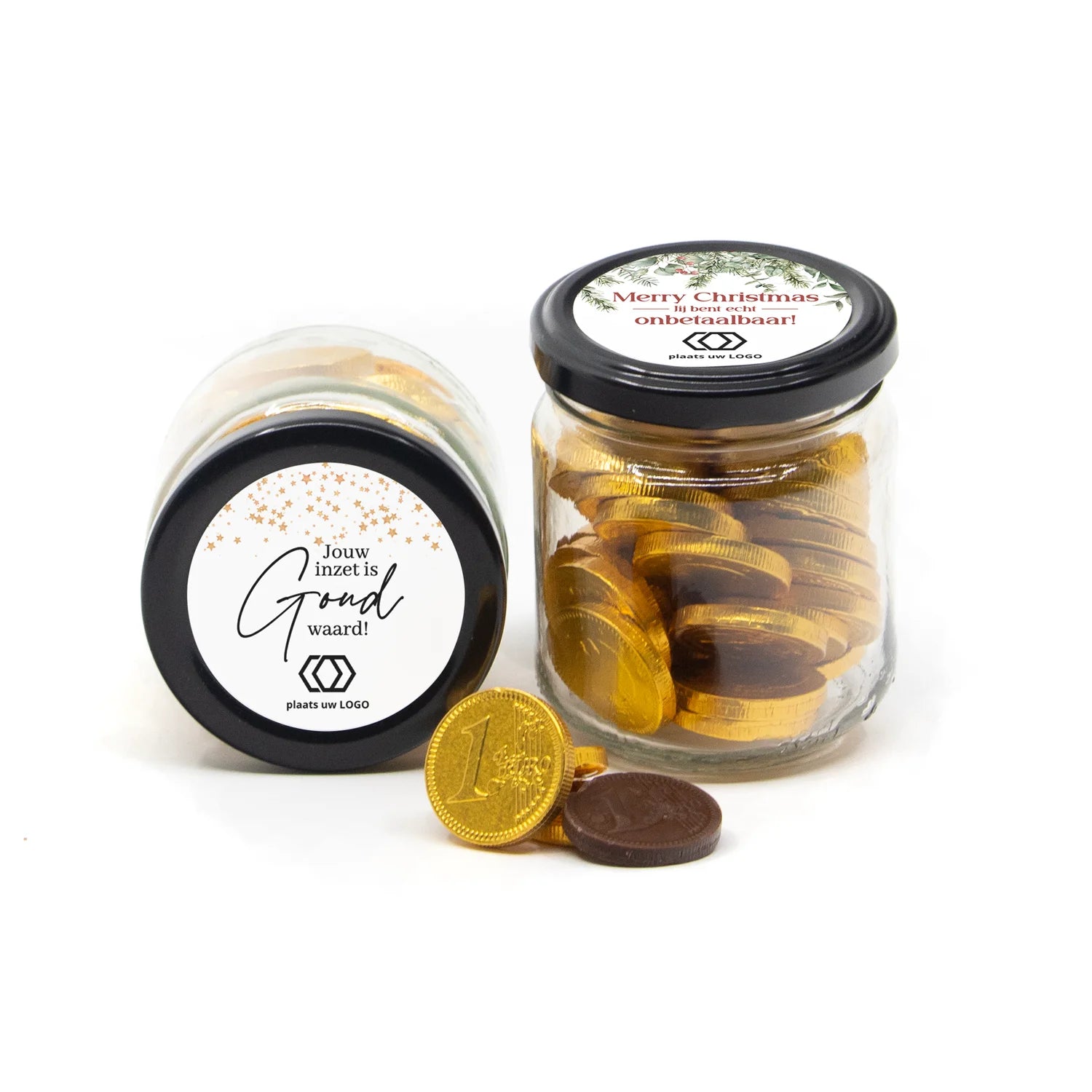 Glazen potje met chocolade munten - Kerst