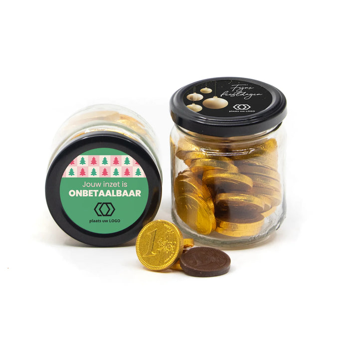 Glazen potje met chocolade munten - Kerst Glazen potje met chocolade munten - Kerst