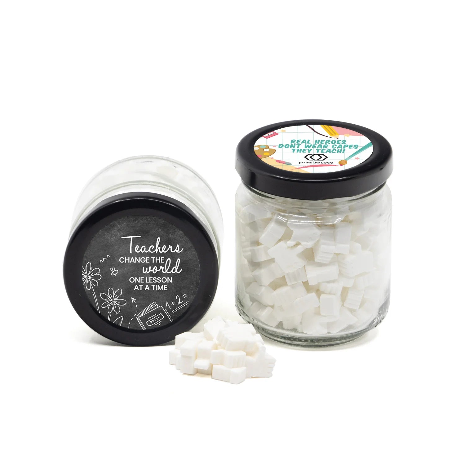 Glazen snoeppotje met eigen etiket - Leraar - Bedankjes.nl