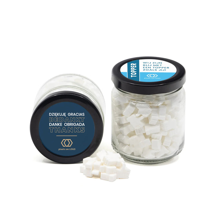 Glazen snoeppotje met eigen etiket - Zakelijk Glazen snoeppotje met eigen etiket - Zakelijk