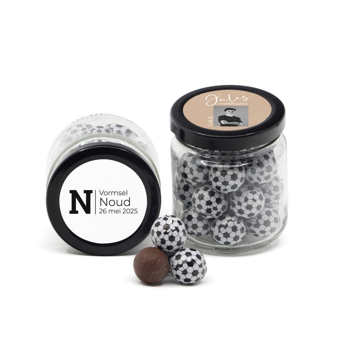 Glazen snoeppotje met eigen etiket - Communie jongens Glazen snoeppotje met eigen etiket - Communie jongens