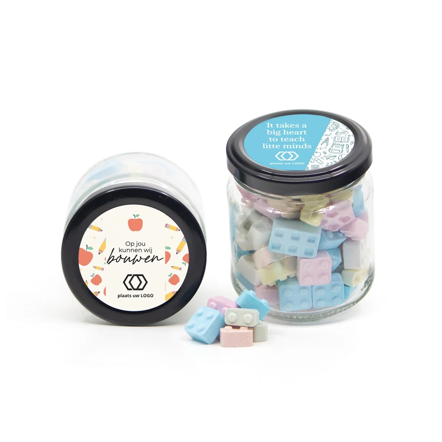 Glazen snoeppotje met bouwsteentjes- Leraar - Bedankjes.nl