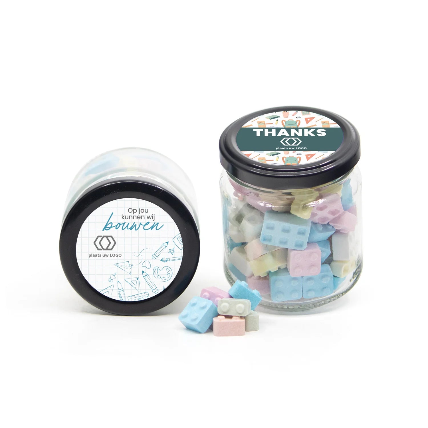 Glazen snoeppotje met bouwsteentjes- Leraar - Bedankjes.nl