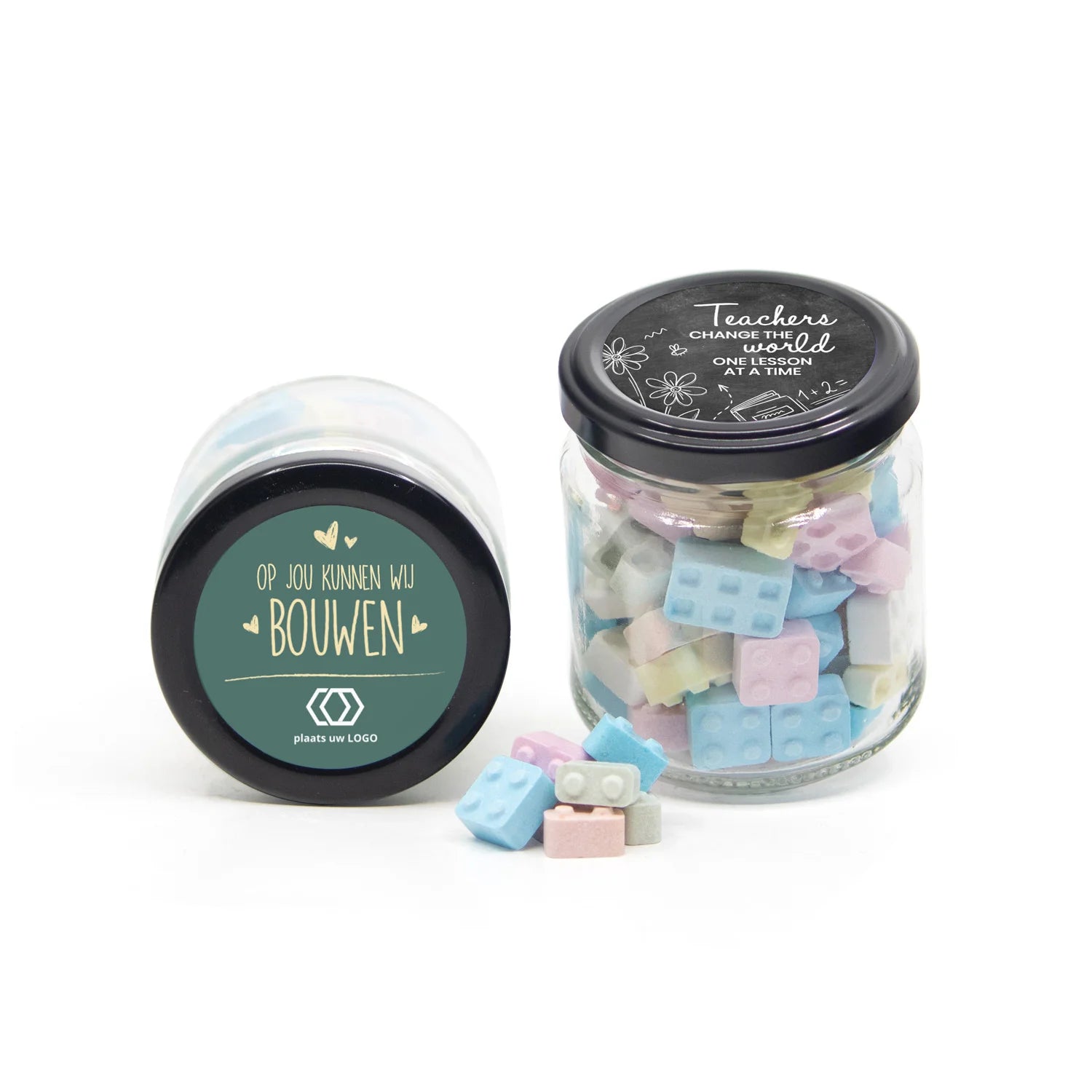 Glazen snoeppotje met bouwsteentjes- Leraar - Bedankjes.nl
