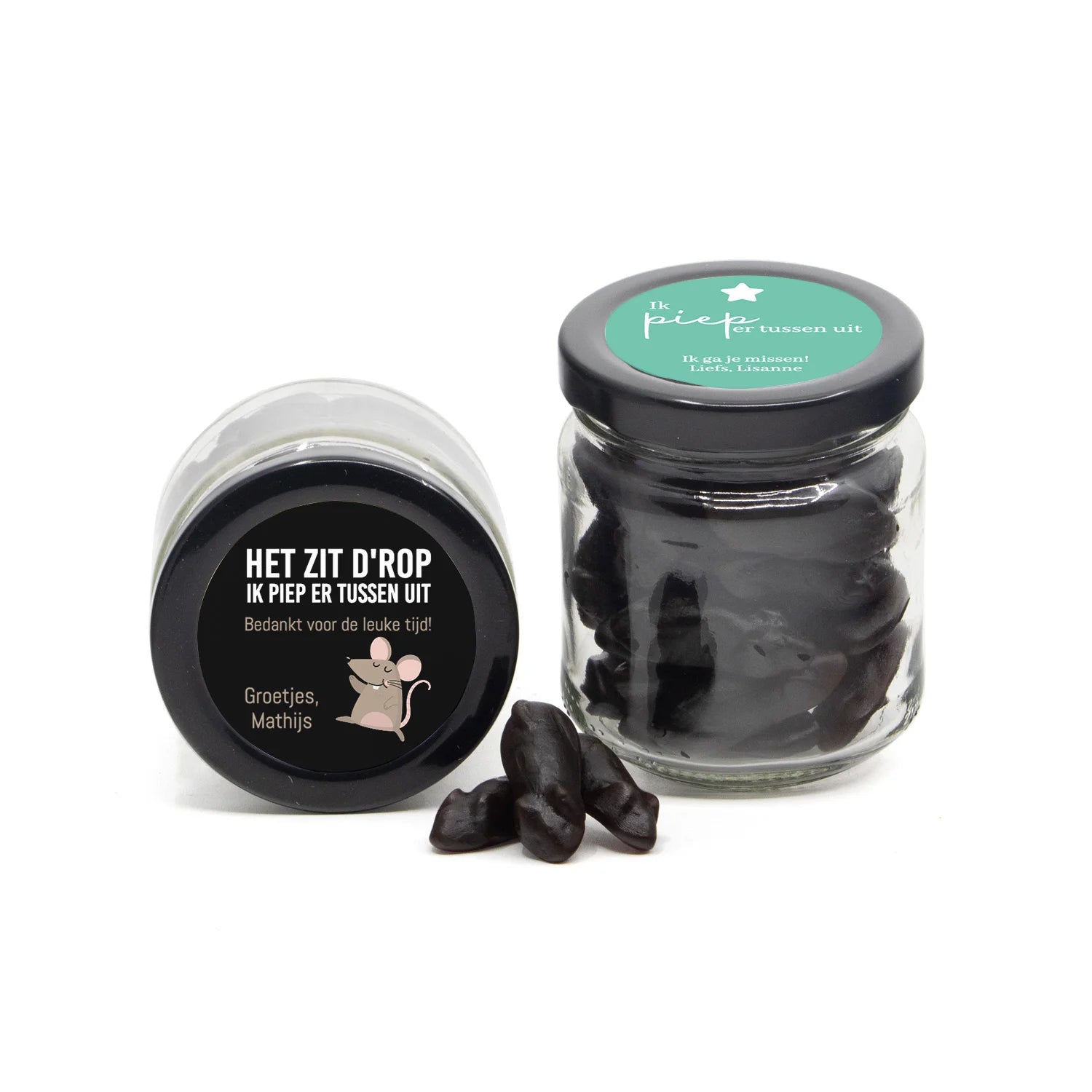 Ik piep er tussenuit in glazen snoeppotje- Afscheid collega - Bedankjes.nl