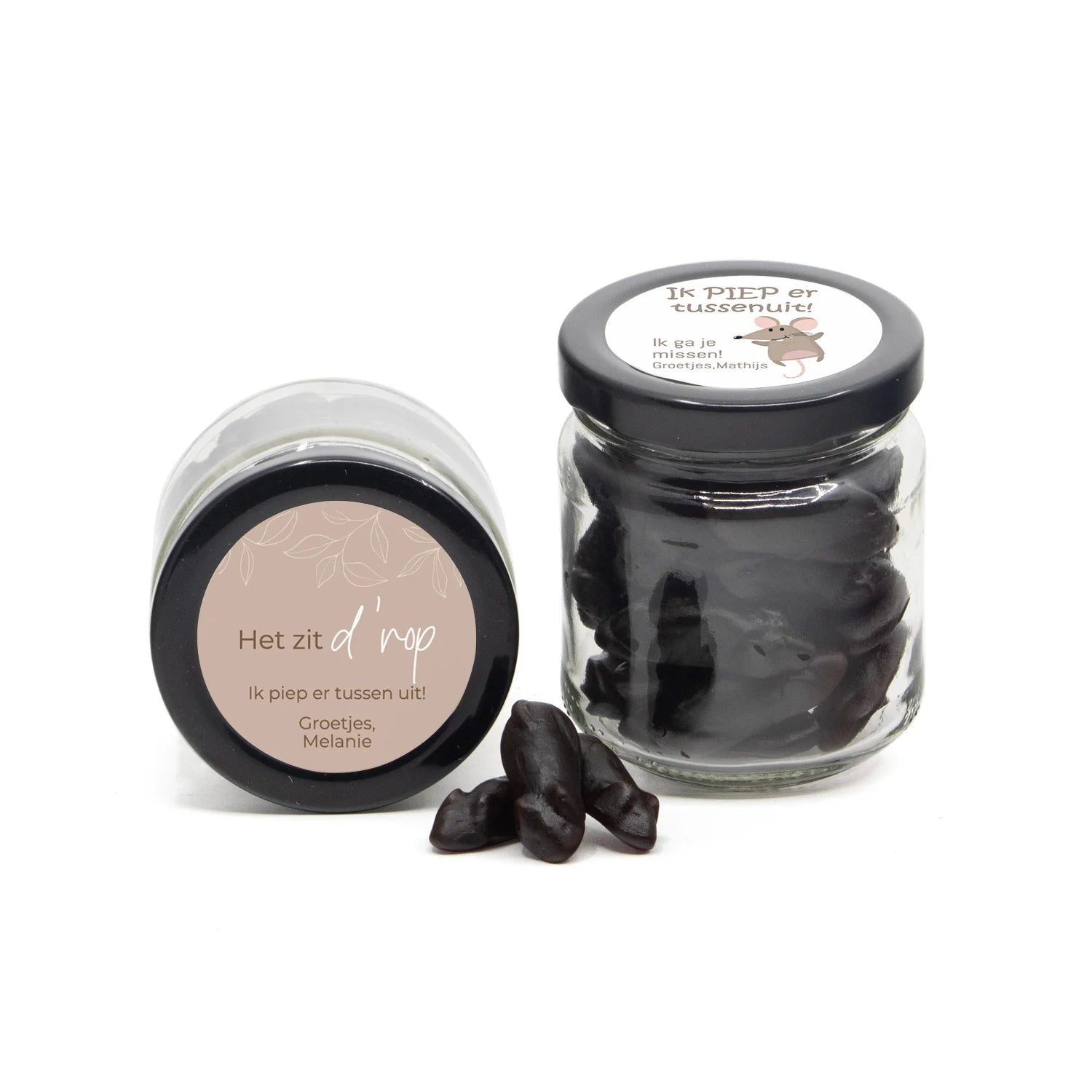 Ik piep er tussenuit in glazen snoeppotje- Afscheid collega - Bedankjes.nl