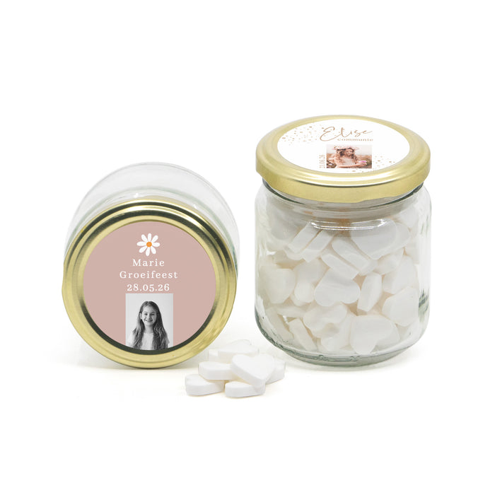 Glazen snoeppotje met eigen etiket - Communie meisjes Glazen snoeppotje met eigen etiket - Communie meisjes