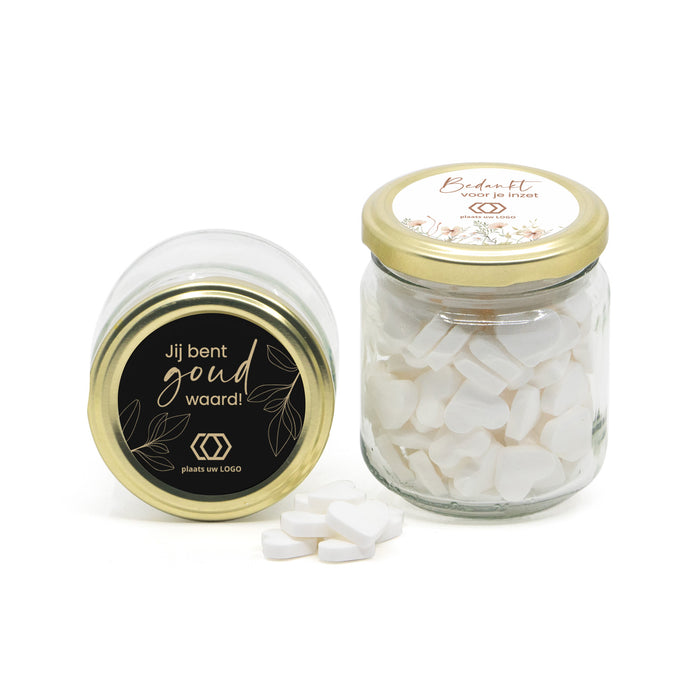 Glazen snoeppotje met eigen etiket - Verpleging Glazen snoeppotje met eigen etiket - Verpleging