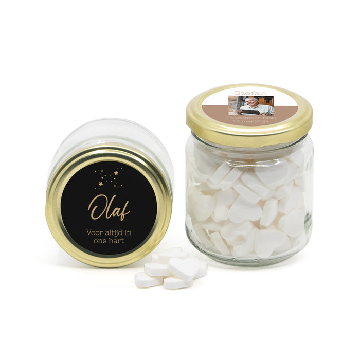 Glazen snoeppotje met eigen etiket - Afscheid dierbare Glazen snoeppotje met eigen etiket - Afscheid dierbare
