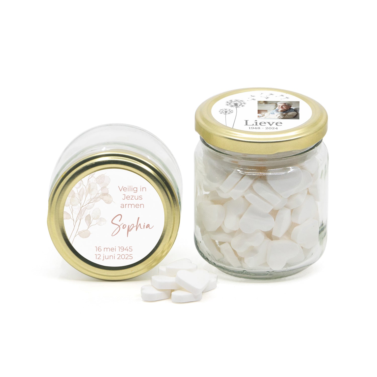 Glazen snoeppotje met eigen etiket - Afscheid dierbare - Bedankjes.nl