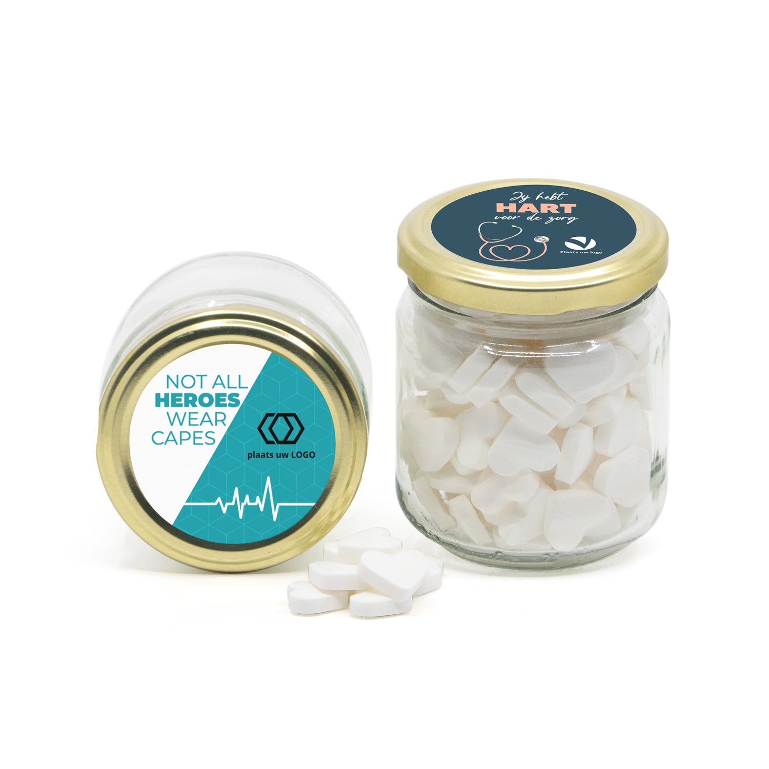 Glazen snoeppotje met eigen etiket - Verpleging - Bedankjes.nl