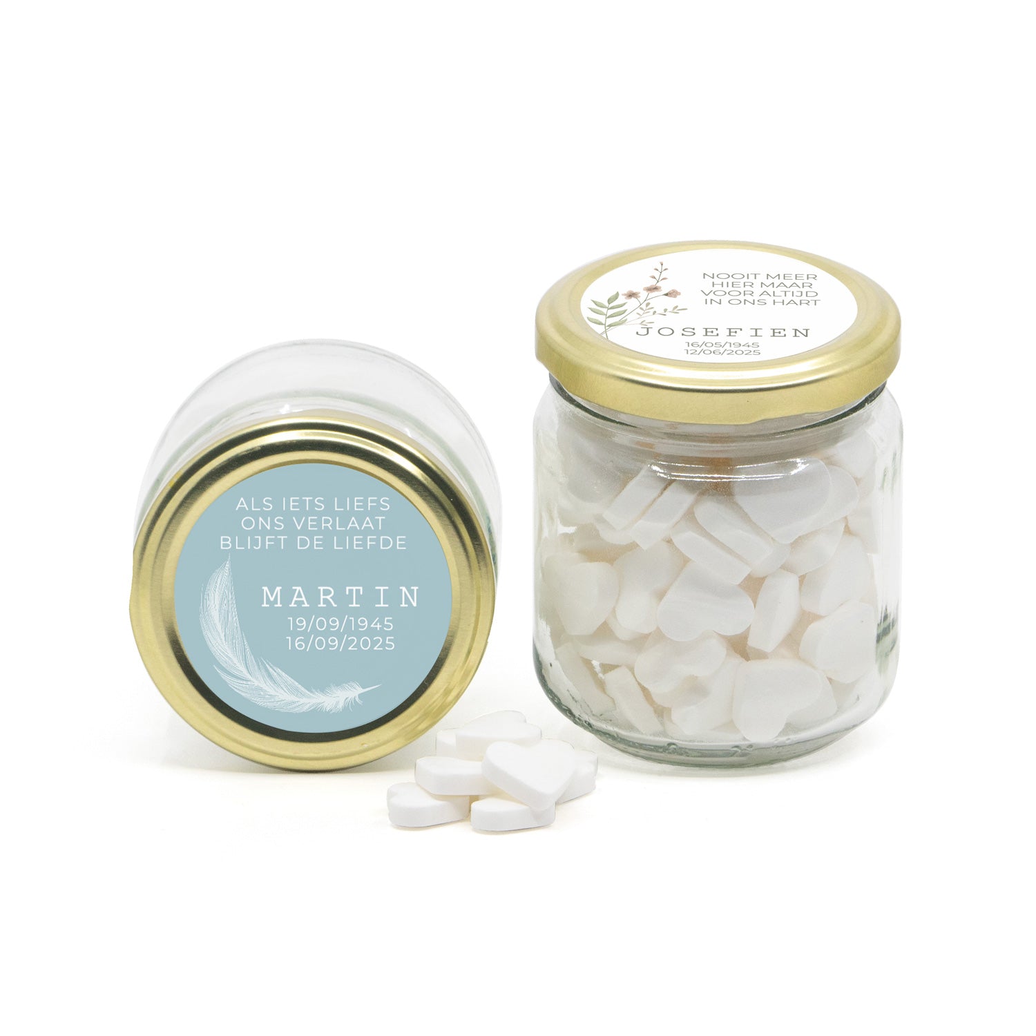 Glazen snoeppotje met eigen etiket - Afscheid dierbare - Bedankjes.nl