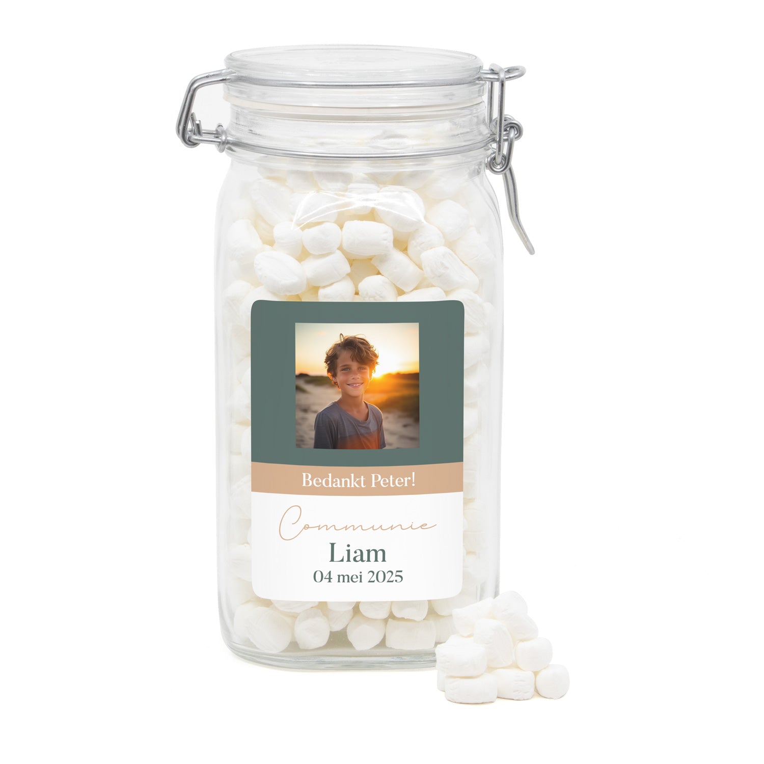 Grote snoeppot met eigen ontwerp - Communie jongens - Bedankjes.nl