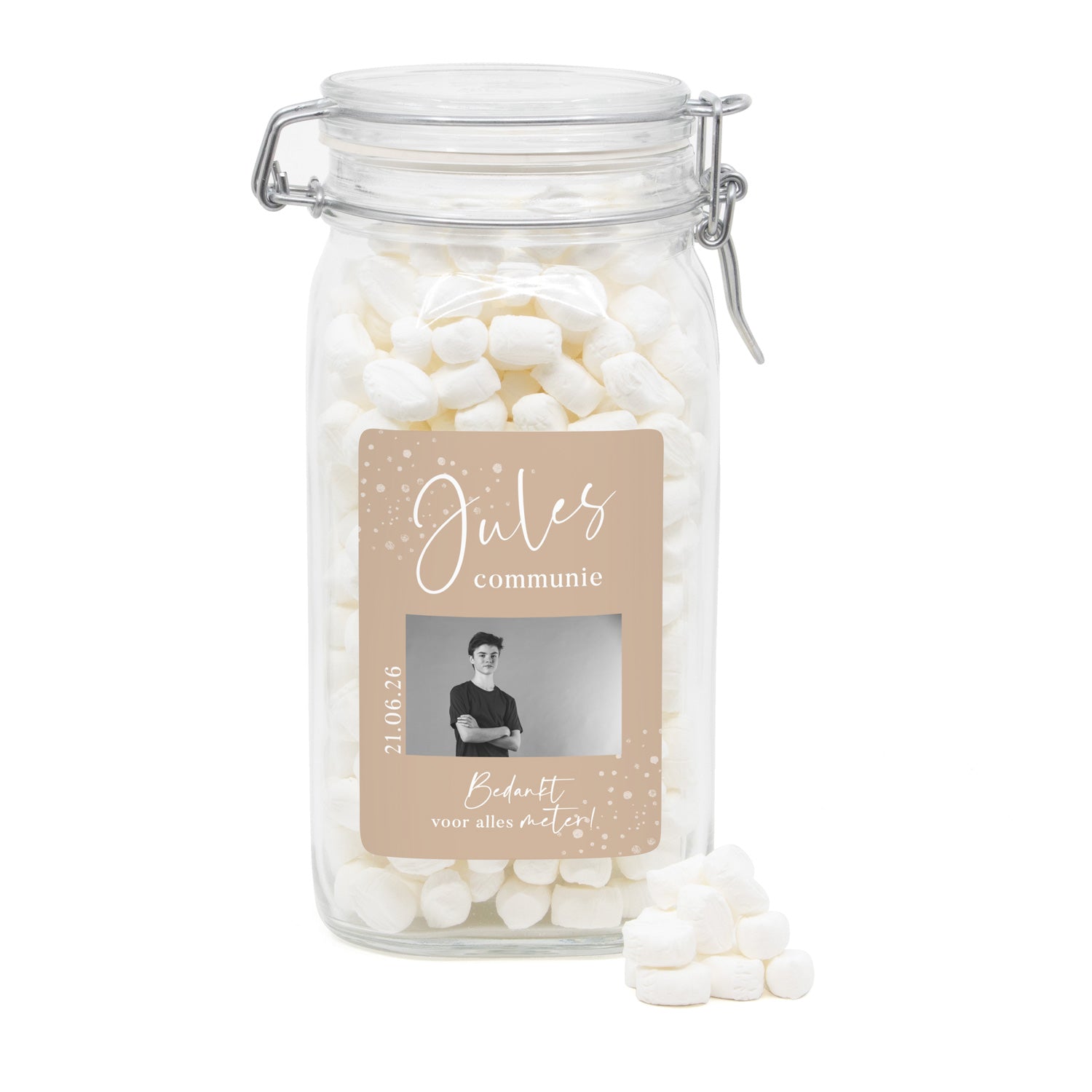 Grote snoeppot met eigen ontwerp - Communie jongens - Bedankjes.nl