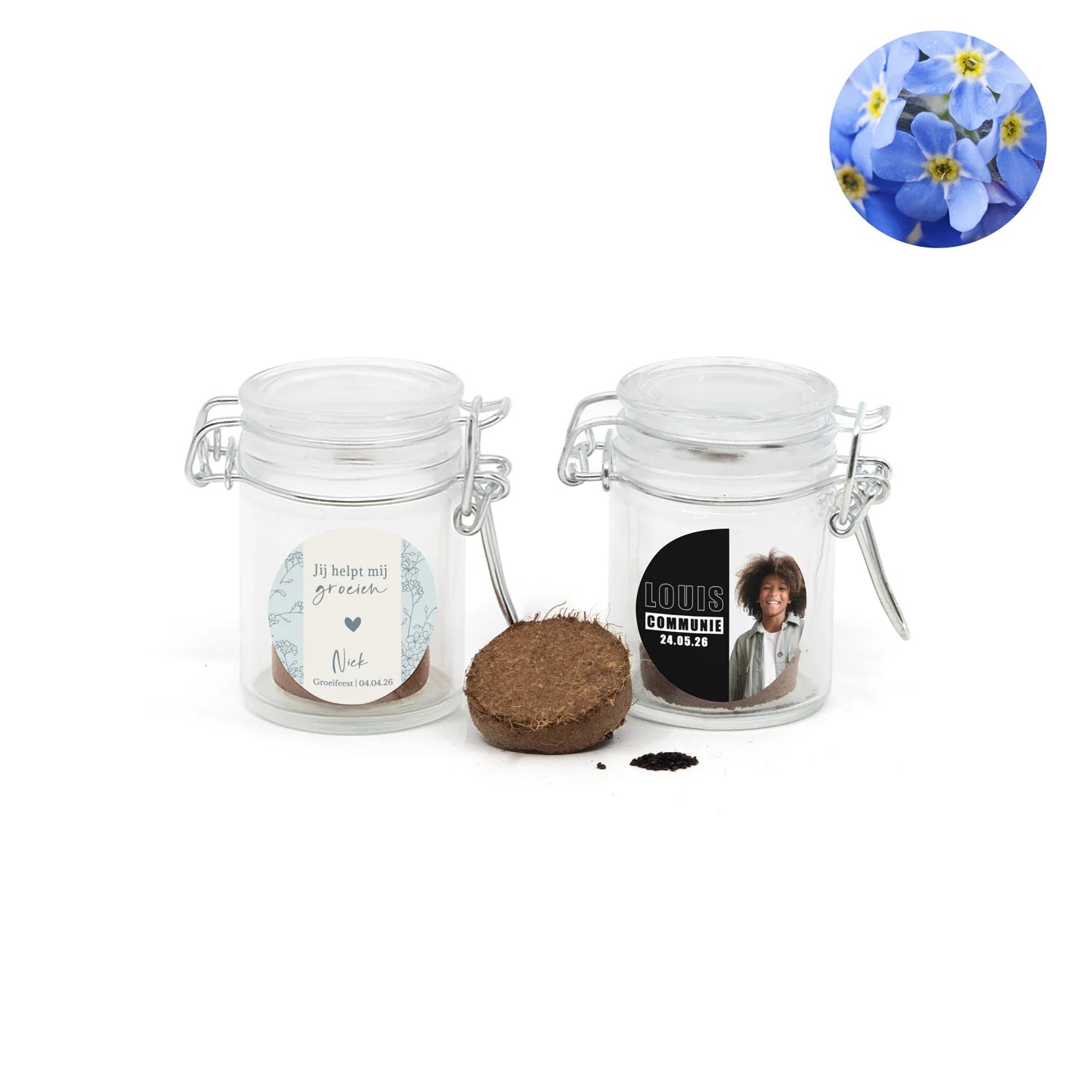 Vergeet me nietjes kweeksetje in mini weckpotje - Communie jongen - Bedankjes.nl