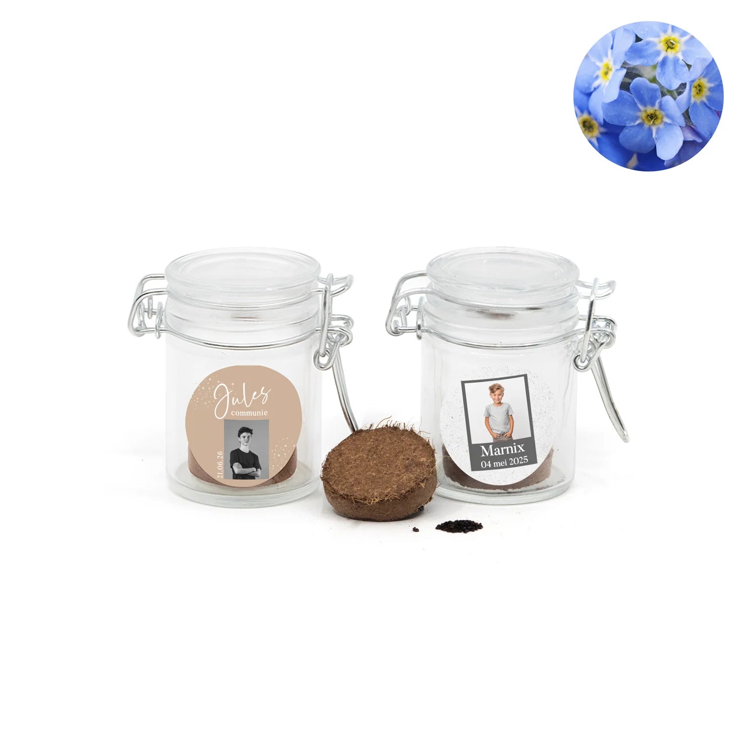 Vergeet me nietjes kweeksetje in mini weckpotje - Communie jongen - Bedankjes.nl