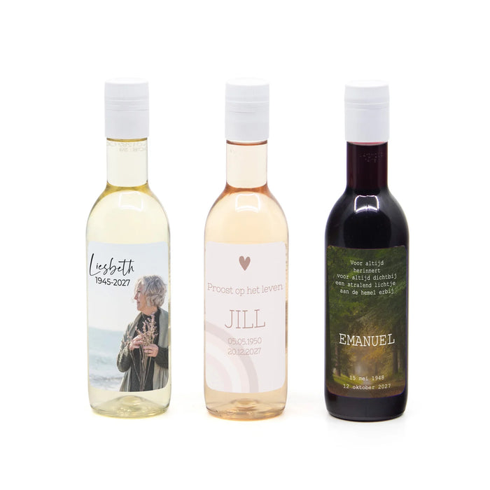 Klein flesje wijn met eigen etiket - Afscheid Dierbare Klein flesje wijn met eigen etiket - Afscheid Dierbare