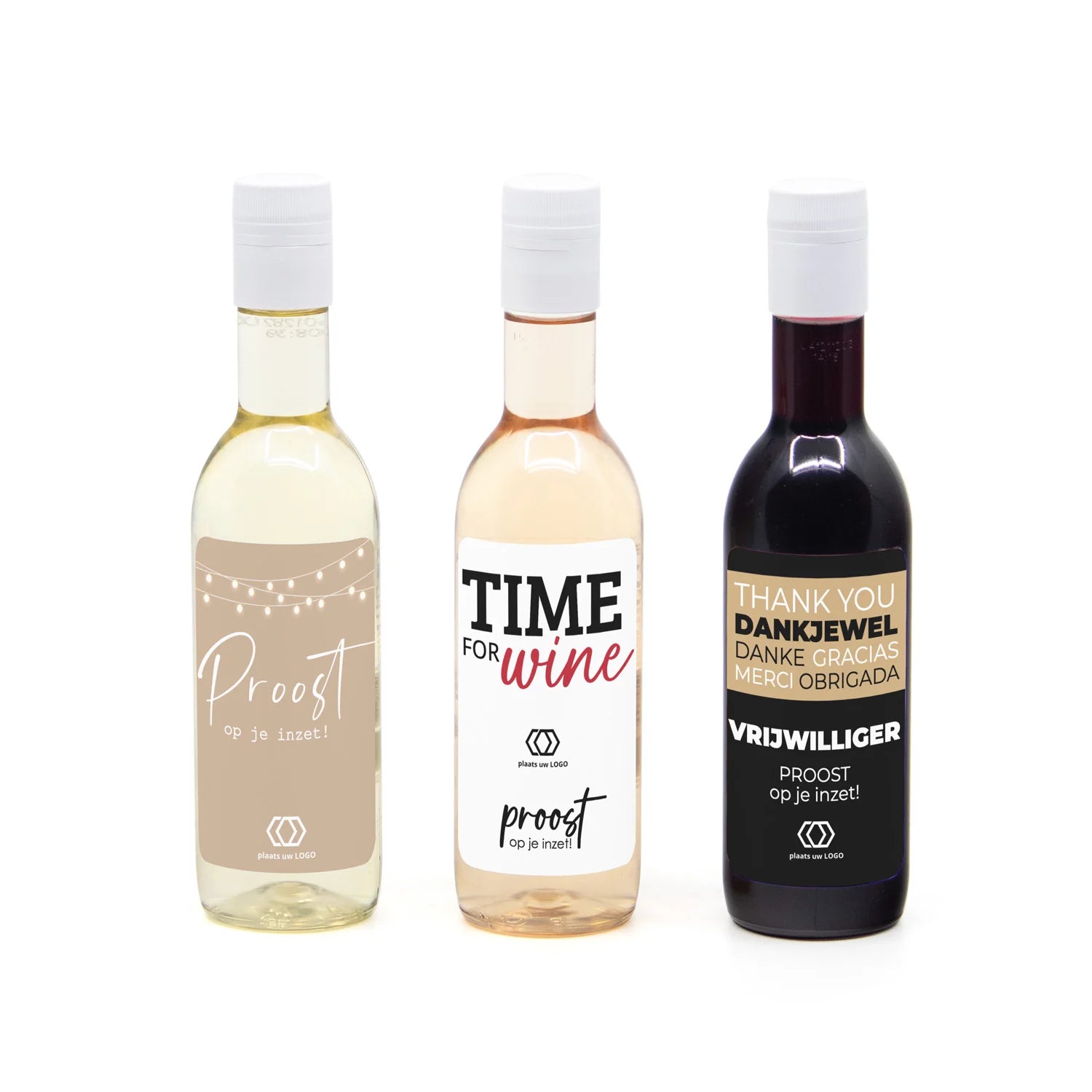 Klein flesje wijn met eigen logo op etiket - Vrijwilliger - Bedankjes.nl
