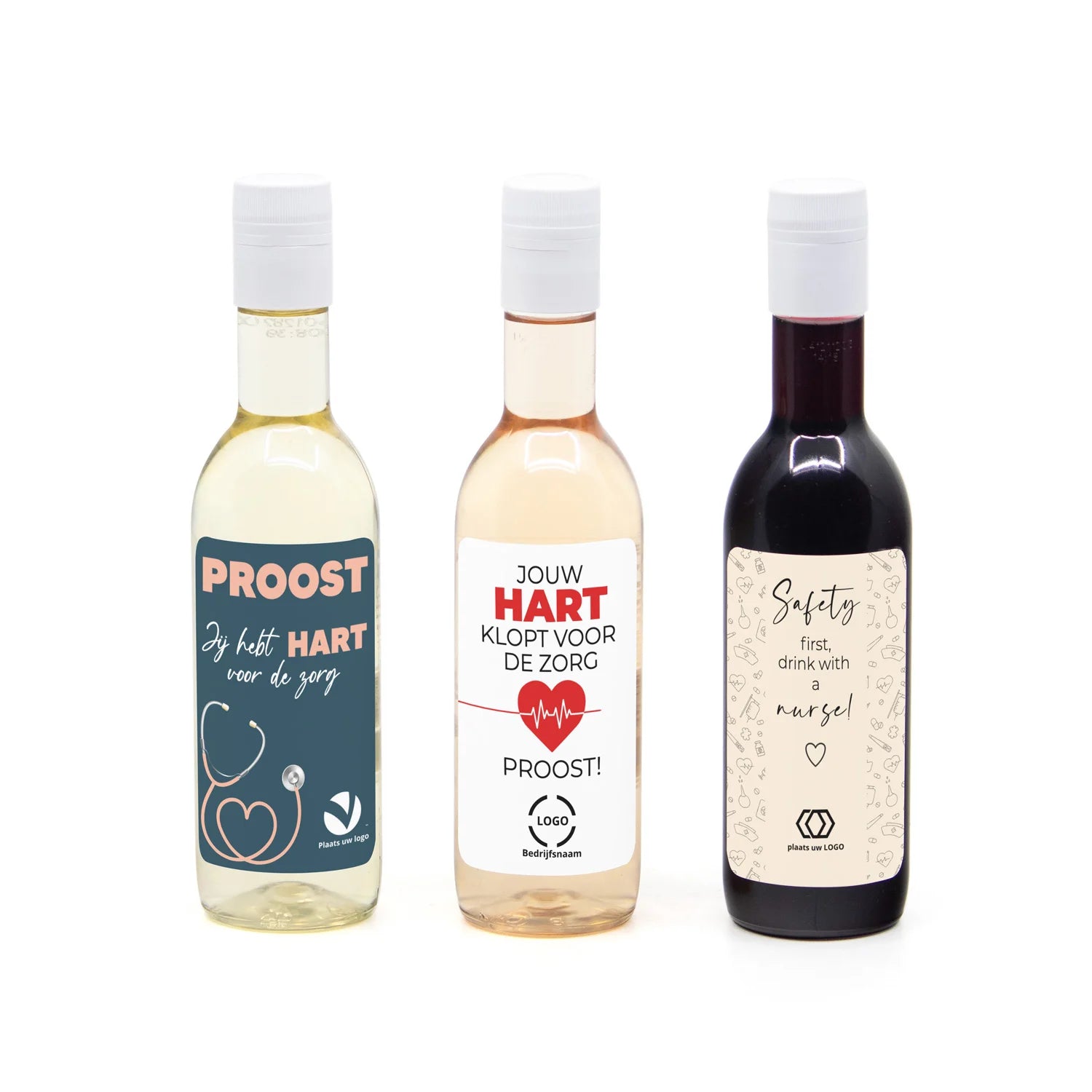 Klein flesje wijn met eigen tekst - Verpleging - Bedankjes.nl